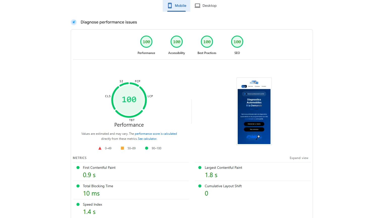 Scores de performance Lighthouse d'Auto-Diag 44