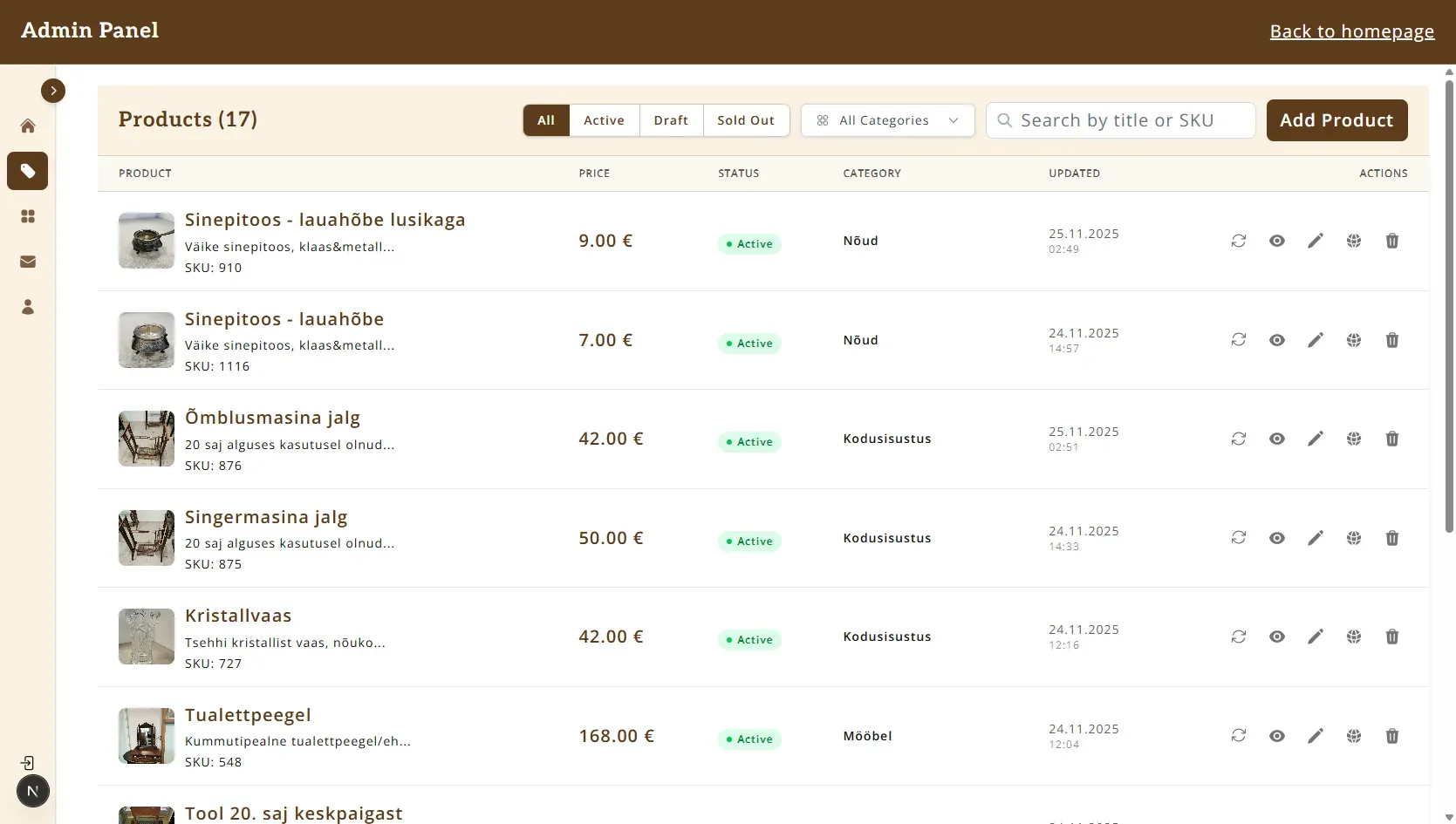Interface de la boutique en ligne Kauplus Varakamber