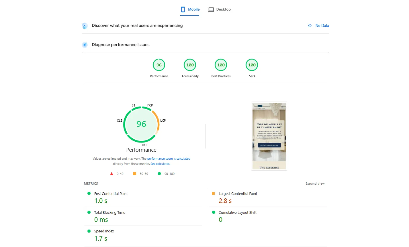 Résultats Lighthouse - performance et accessibilité