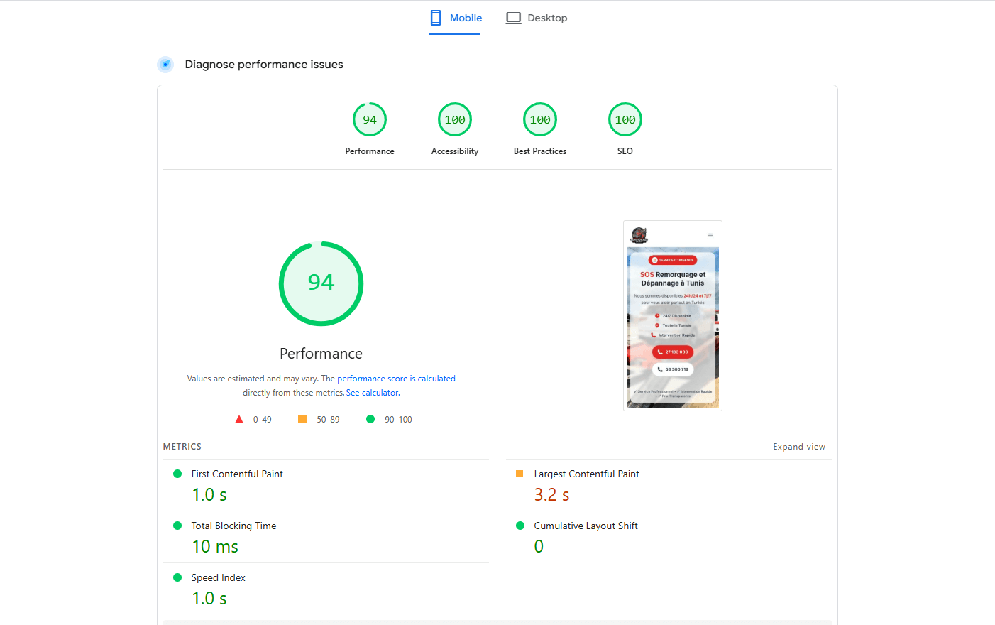 Scores de performance de Remorquage Balkis