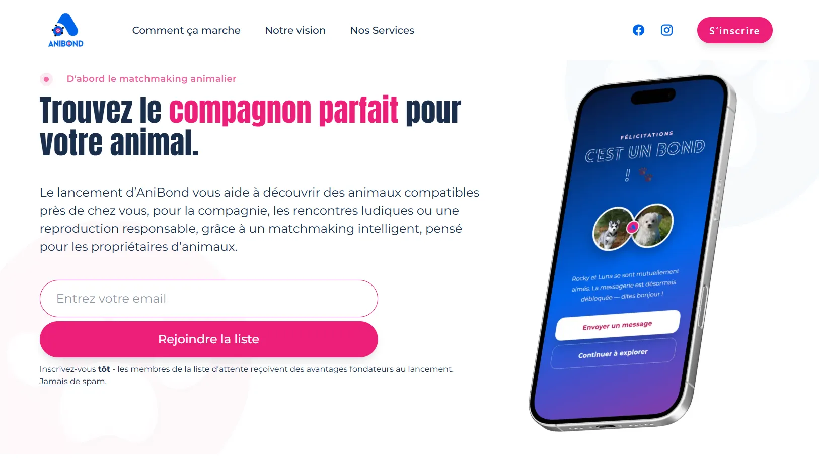 Landing page AniBond conçue pour le lancement de l'application Landing page AniBond conçue pour le lancement de l'application