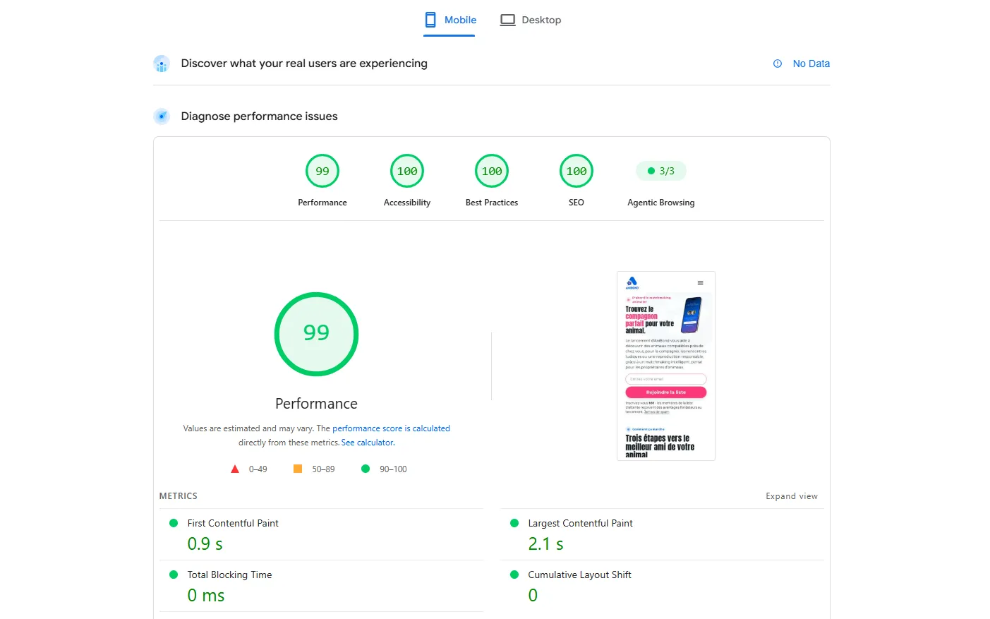 Résultats de performance mobile du site AniBond Résultats de performance mobile du site AniBond