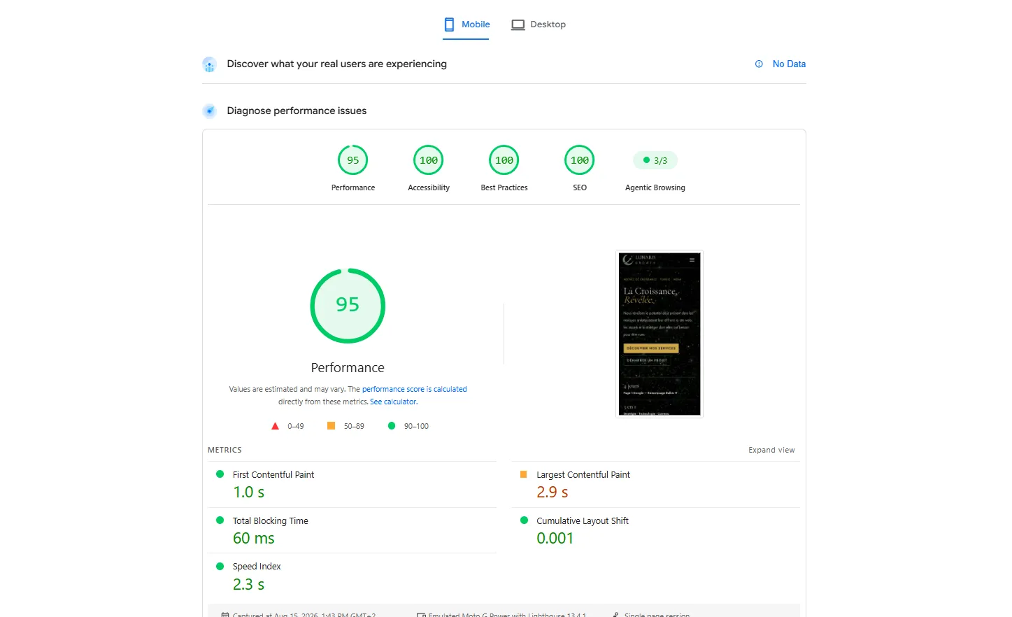 Résultats Lighthouse - performance et accessibilité du site Lunaris Growth Résultats Lighthouse - performance et accessibilité du site Lunaris Growth